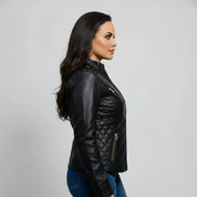 Gothic Women's Quilted Lambskin Leather Jacket, Black Quilted Leather Moto Jacket for Women