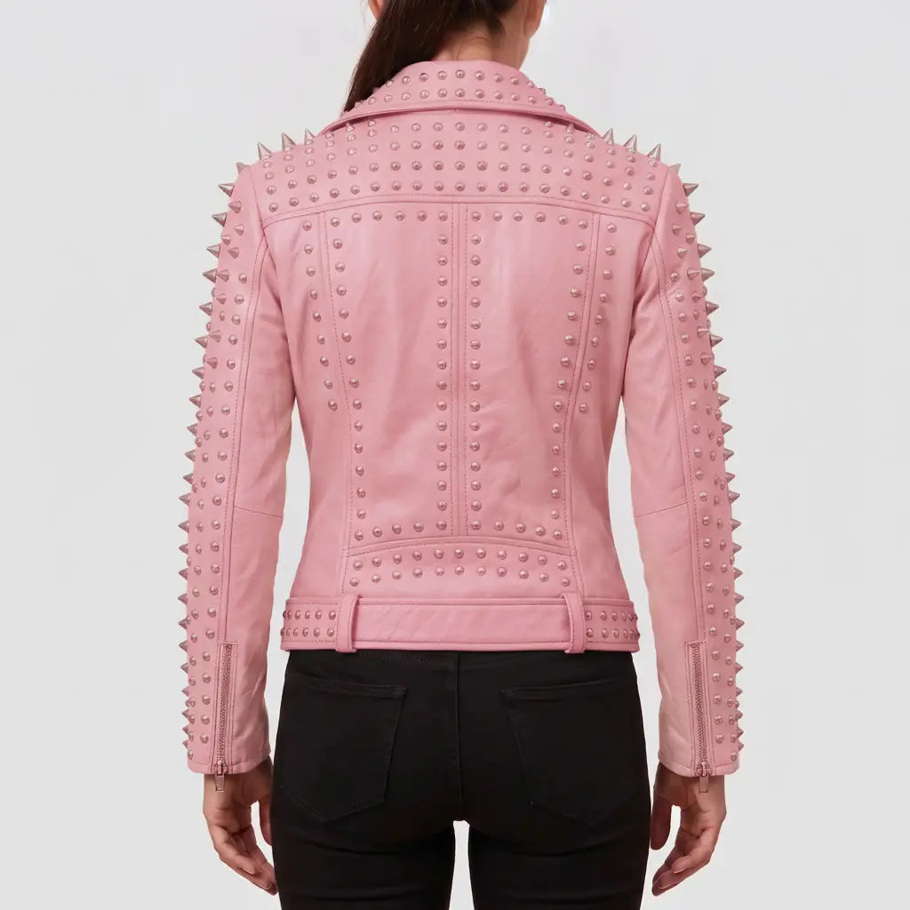 Women's Pink Studded Leather Biker Jacket — Acreley
