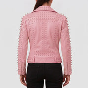 Women's Pink Studded Leather Biker Jacket — Acreley
