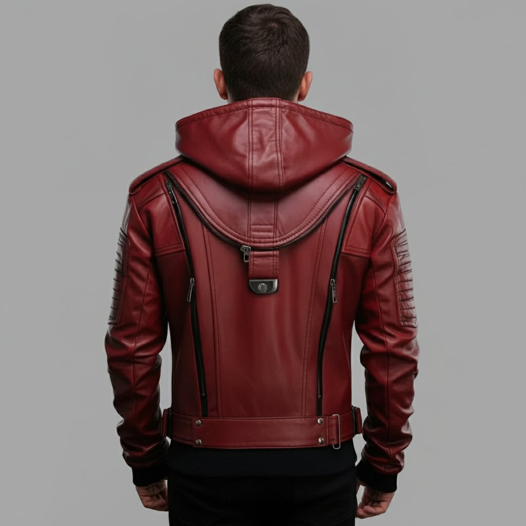 Men's Burgundy Hooded Leather Biker Jacket