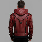 Men's Burgundy Hooded Leather Biker Jacket