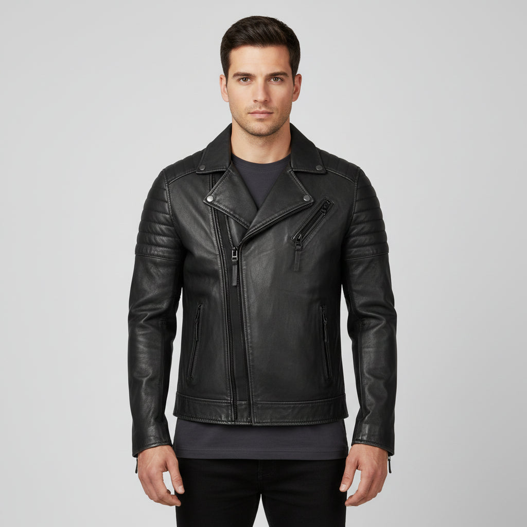 Men's Handmade Black Genuine Leather Jacket Slim Fit Zip Closure Vintage Style