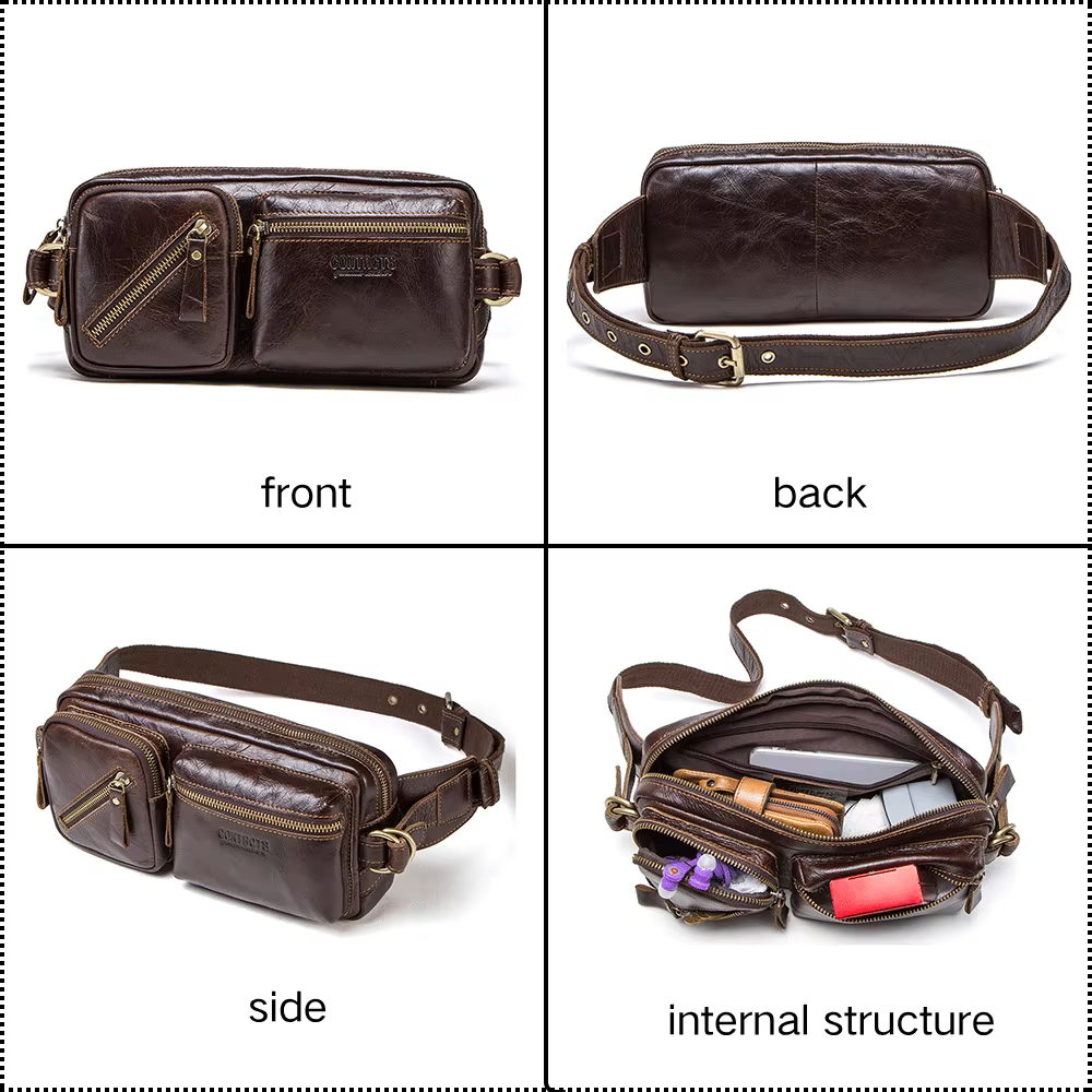 Men’s Full-Grain Leather Belt Bag, Crossbody Fanny Pack with Antique Bronze Hardware