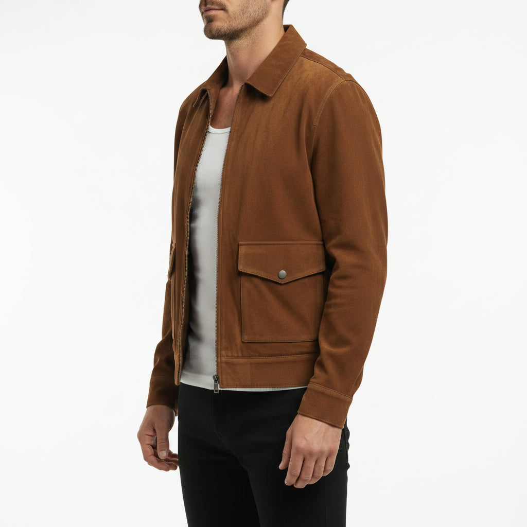 Handmade Men’s Suede Trucker Jacket with Flap Pockets