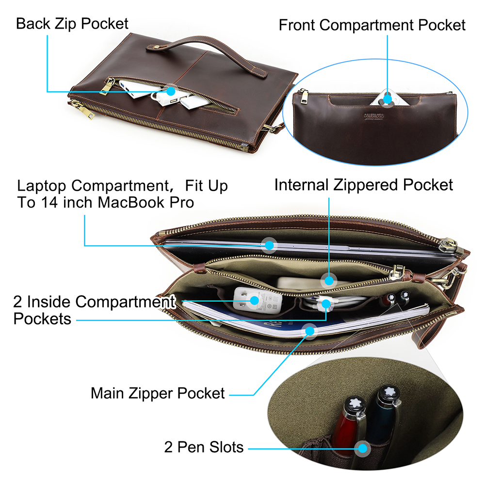 Men's Full-Grain leather Laptop Clutch, Multi-Compartment 14-inch Sleeve Bag