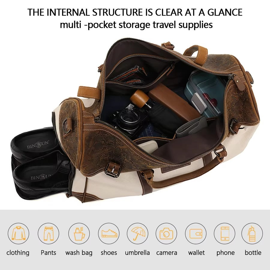 canvas leather travel duffel bag Beige and Brown Embossed Leather and Canvas Duffel Bag
