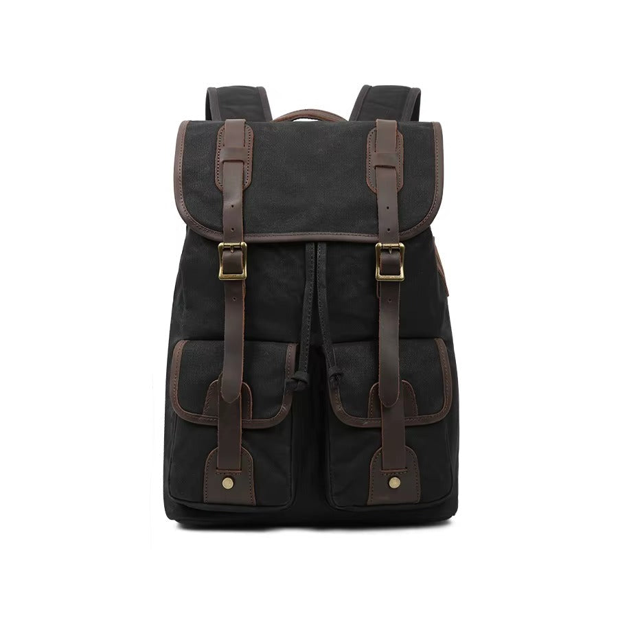 black canvas laptop backpack Men's Black and Brown Canvas Drawstring Backpack