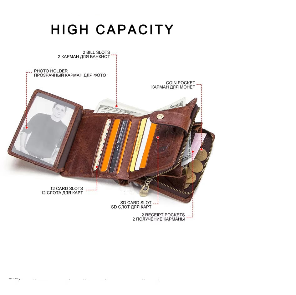 Men’s Short-Length Genuine Leather Wallet - RFID Card Holder with Coin Purse