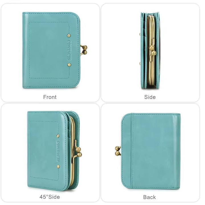 Women Leather Bifold Clutch Wallet with Metal Frame