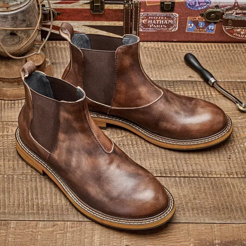 Men’s Rustic Leather Chelsea Boots, Handmade Genuine Leather Slip-on Boots