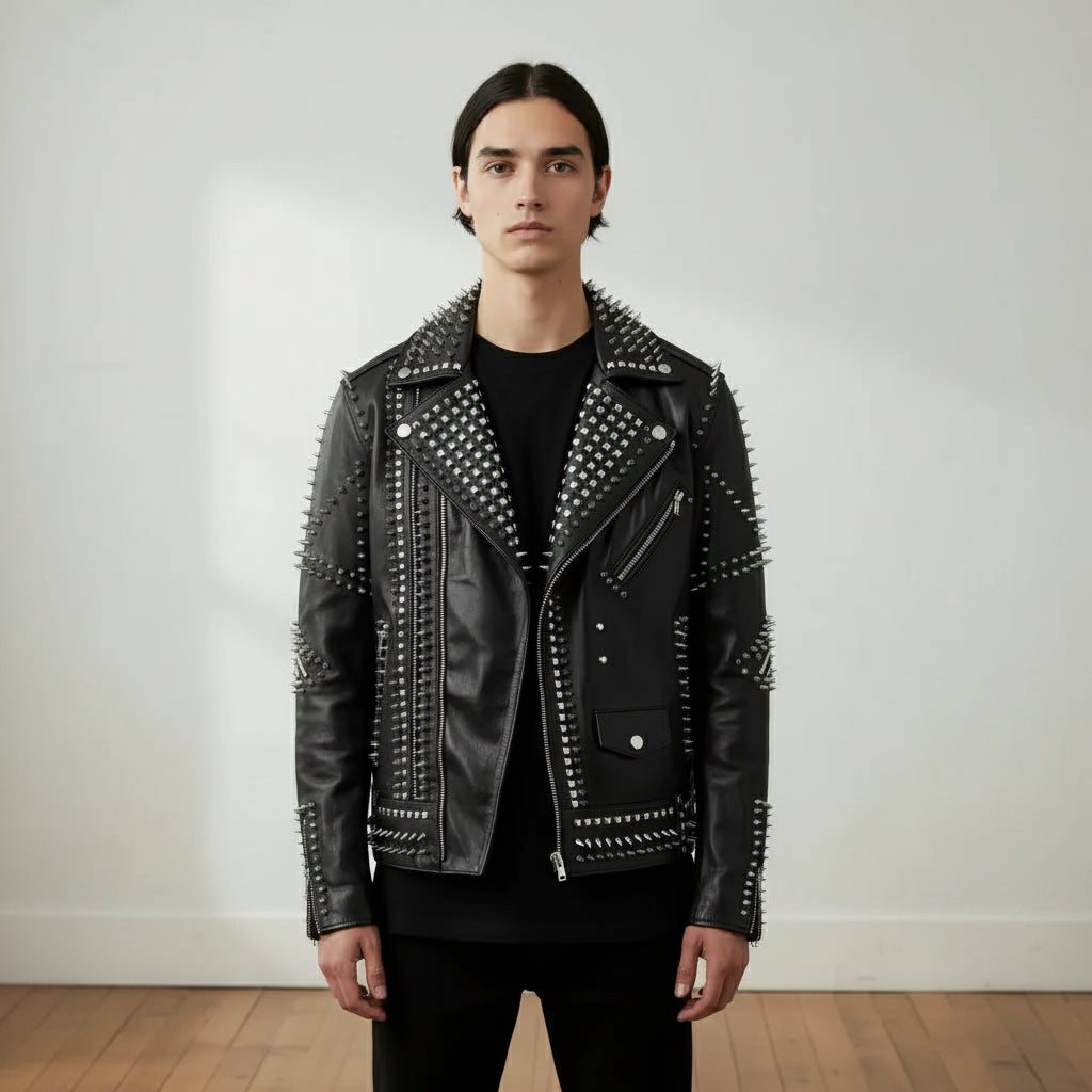 Handmade Men Punk Black Embroidered Jacket. Men Leather Rock Studded Spiked Jacket