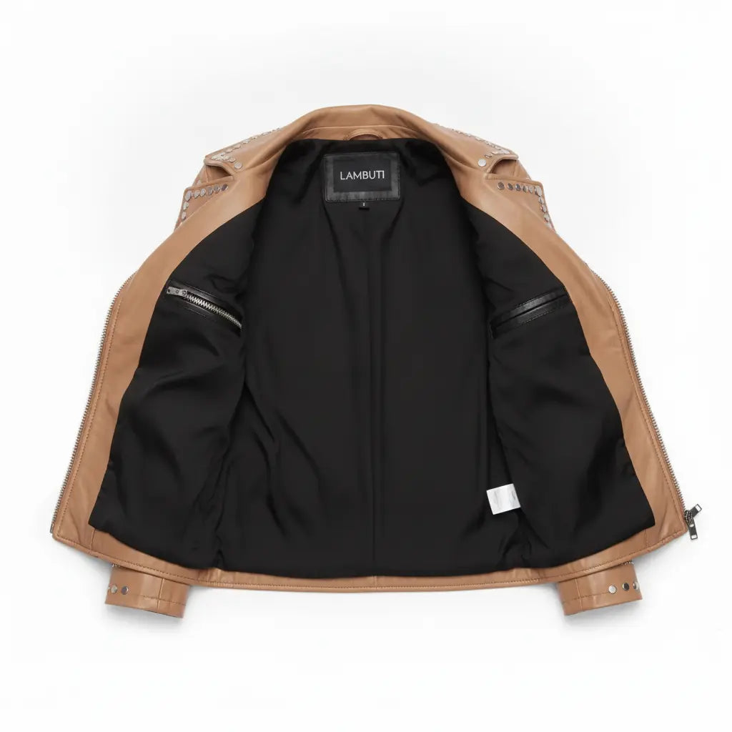 Women's Tan Studded Leather Biker Jacket — Watson