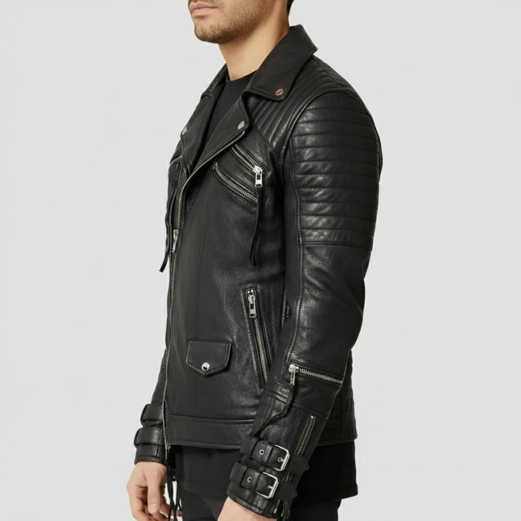 Men's Handmade Black Biker Leather Jacket with Multi Pockets