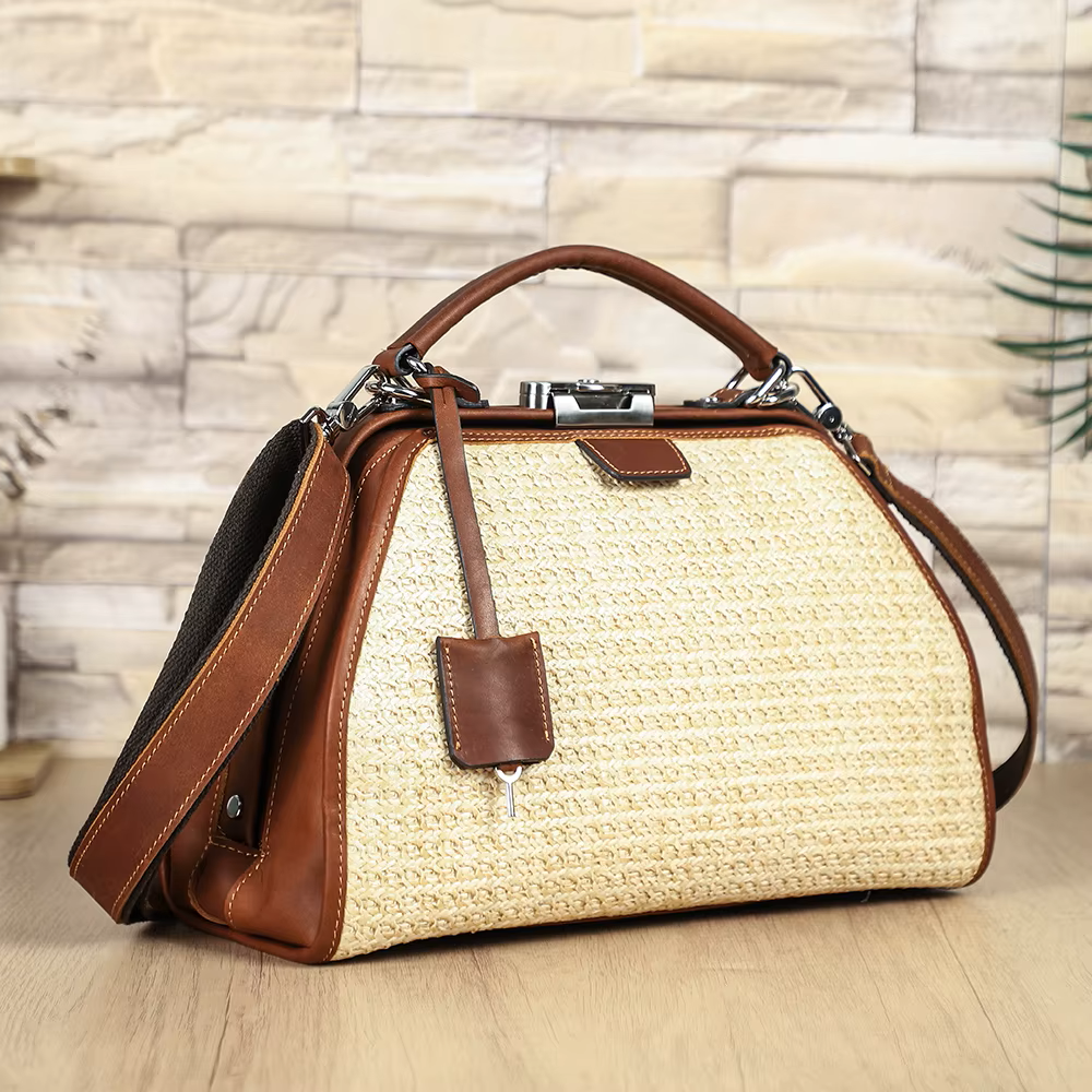 Women's Beige Woven Cognac Leather Trim Satchel Crossbody Bag