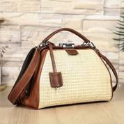Women's Beige Woven Cognac Leather Trim Satchel Crossbody Bag