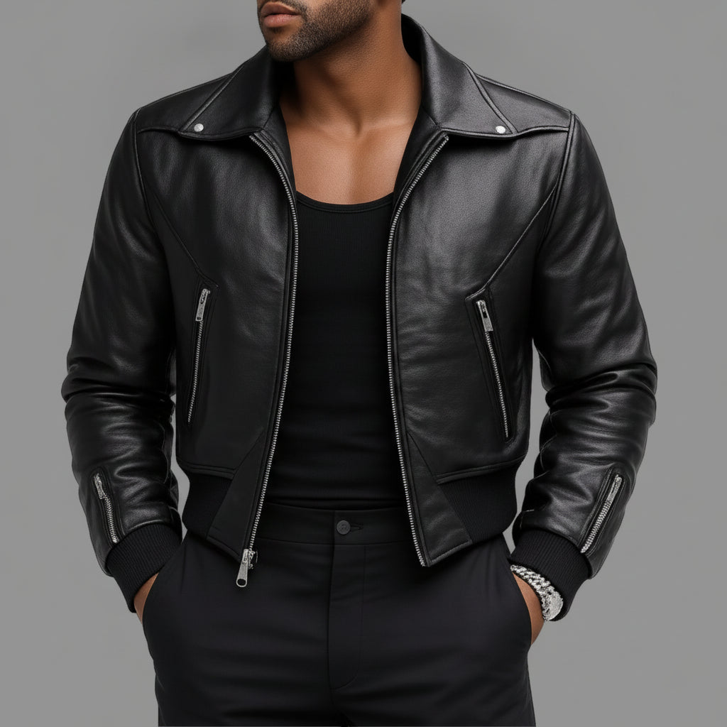 Men's Black Leather Moto Bomber Jacket