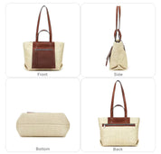 Women's Brown Leather Accent Cream Woven Tote Bag