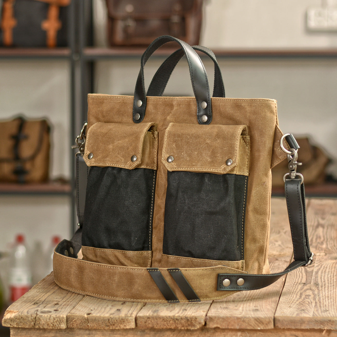 Unisex Waterproof Waxed Canvas Messenger Bag with Leather Handles
