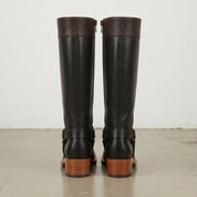 Women's Black and Dark Brown Leather Knee-High Harness Boots — Keith