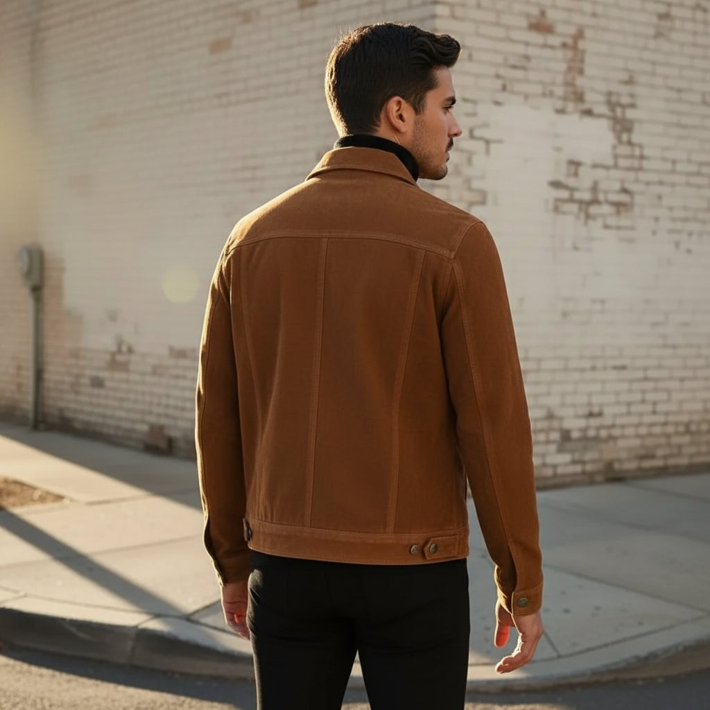 Men's Handmade Brown Suede Leather Trucker Jacket, Genuine Brown Western Soft Suede