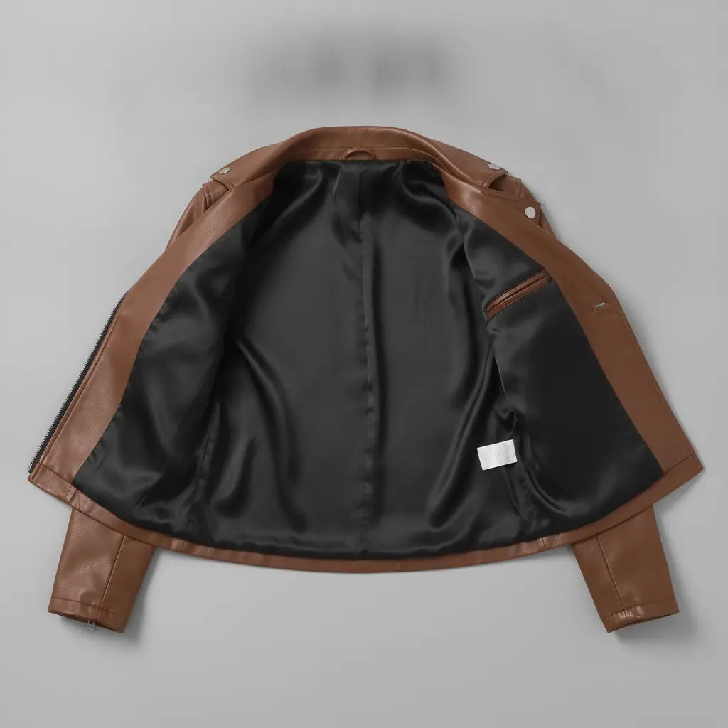 Women's Brown Cropped Leather Biker Jacket — Lapford
