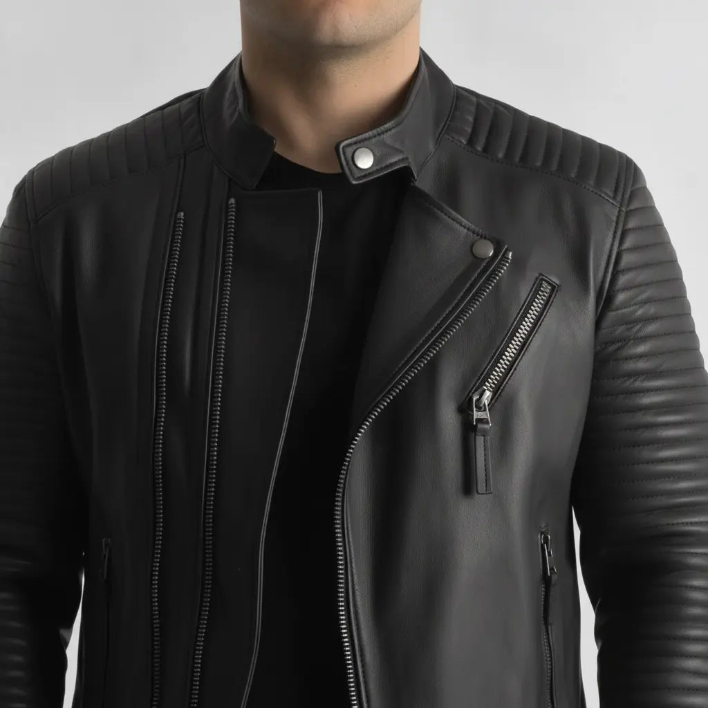 Men's Black Quilted Leather Biker Jacket — Pilton