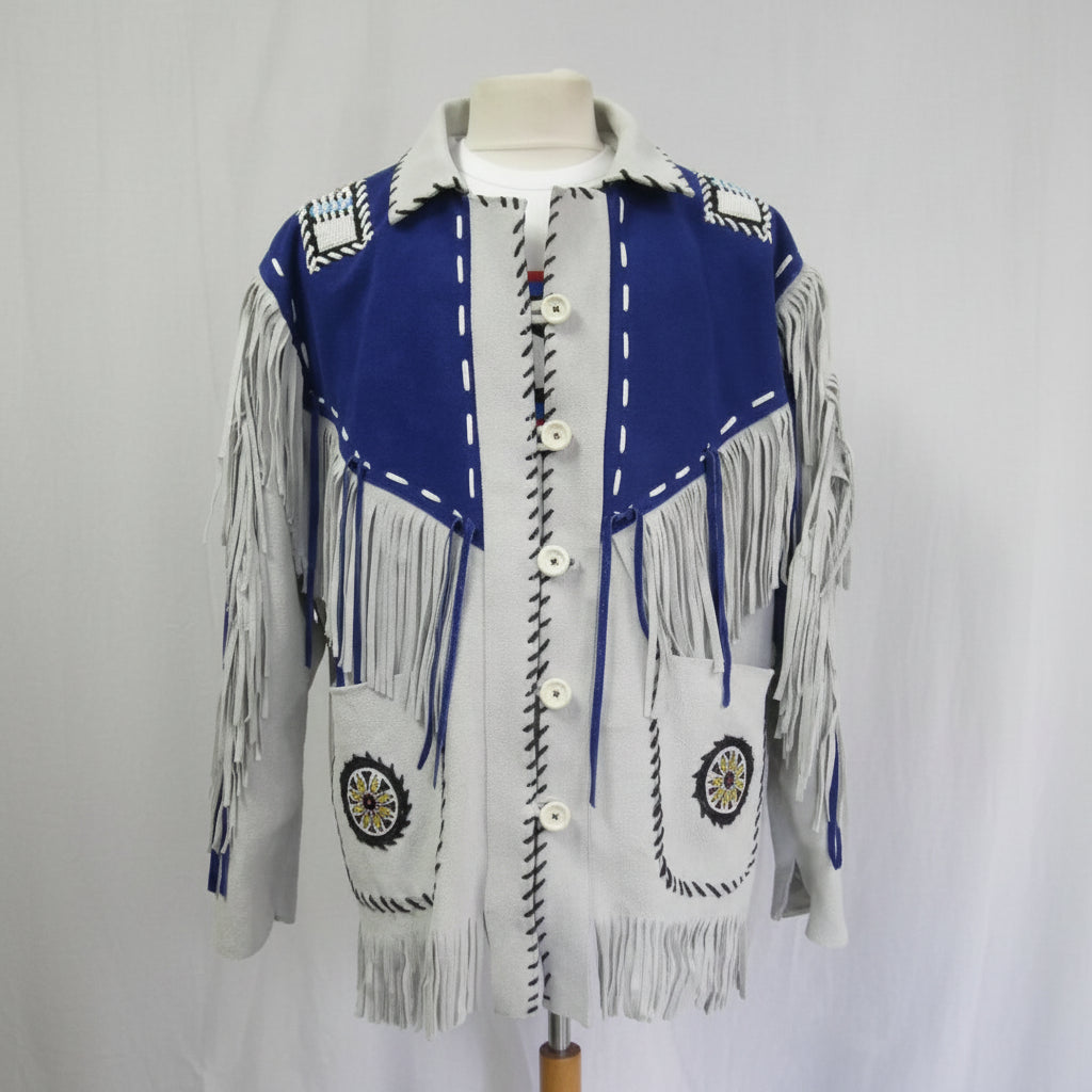 Handmade Men Western Leather Jacket Wear Fringes Beads Native American Cowboy Coat