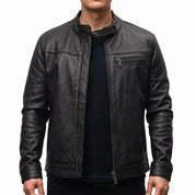 Men's Black Leather Cafe Racer Biker Jacket — Hatton