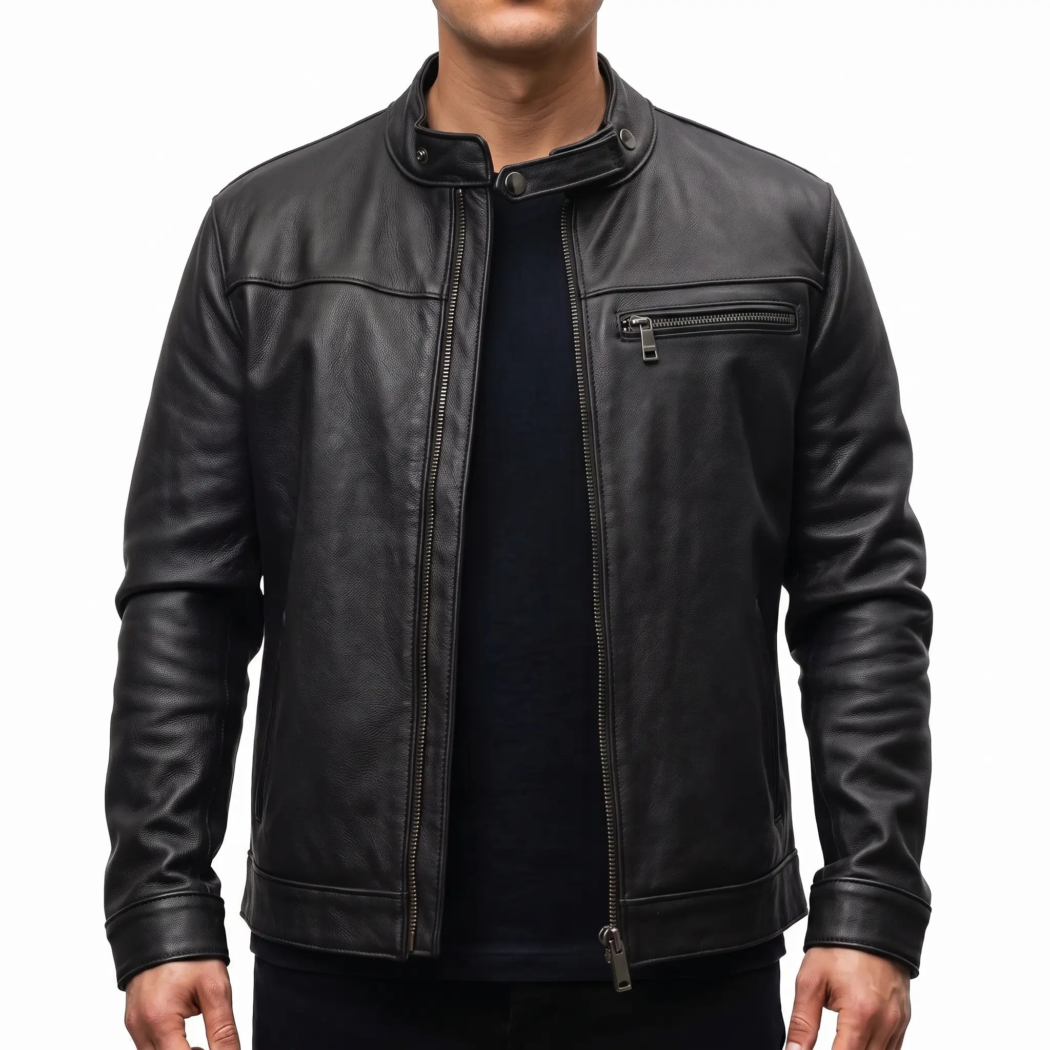 Men's Black Leather Cafe Racer Biker Jacket — Hatton