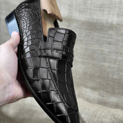 Men's Black Alligator-Embossed Leather Penny Loafers