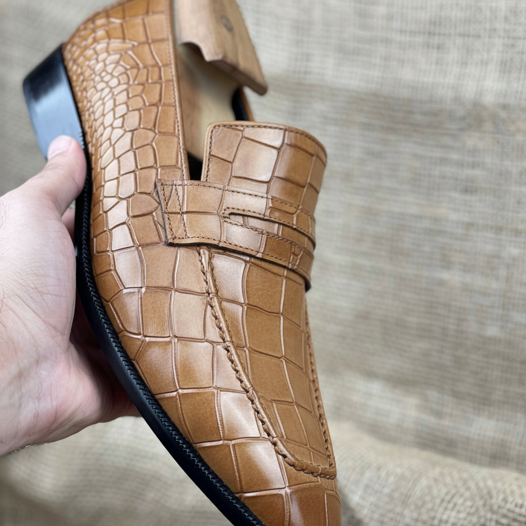 Men's Tan Alligator-Embossed Leather Penny Loafers