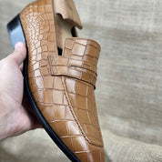 Men's Tan Alligator-Embossed Leather Penny Loafers