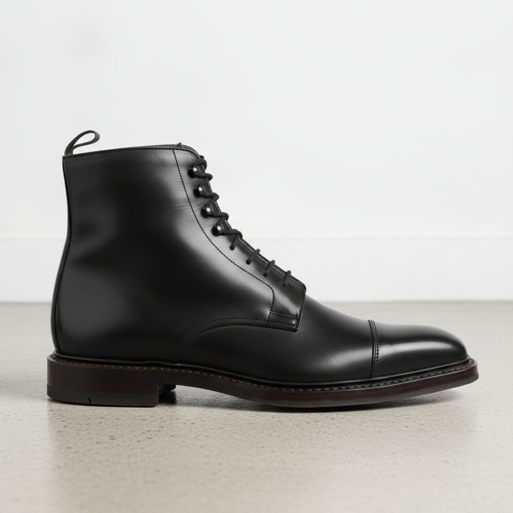 Men's Black Cap-Toe Leather Derby Ankle Boots