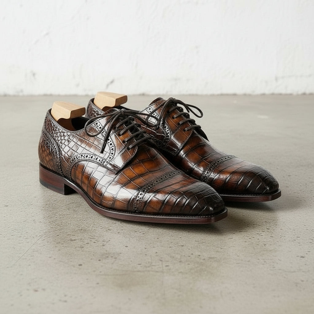 Handmade Mens brown crocodile dress shoes, Men brown square toe laceup shoe US 8.5 / brown / D - Standard Handmade Mens brown crocodile dress shoes, Men brown square toe laceup shoe US 8.5 / brown / D - Standard