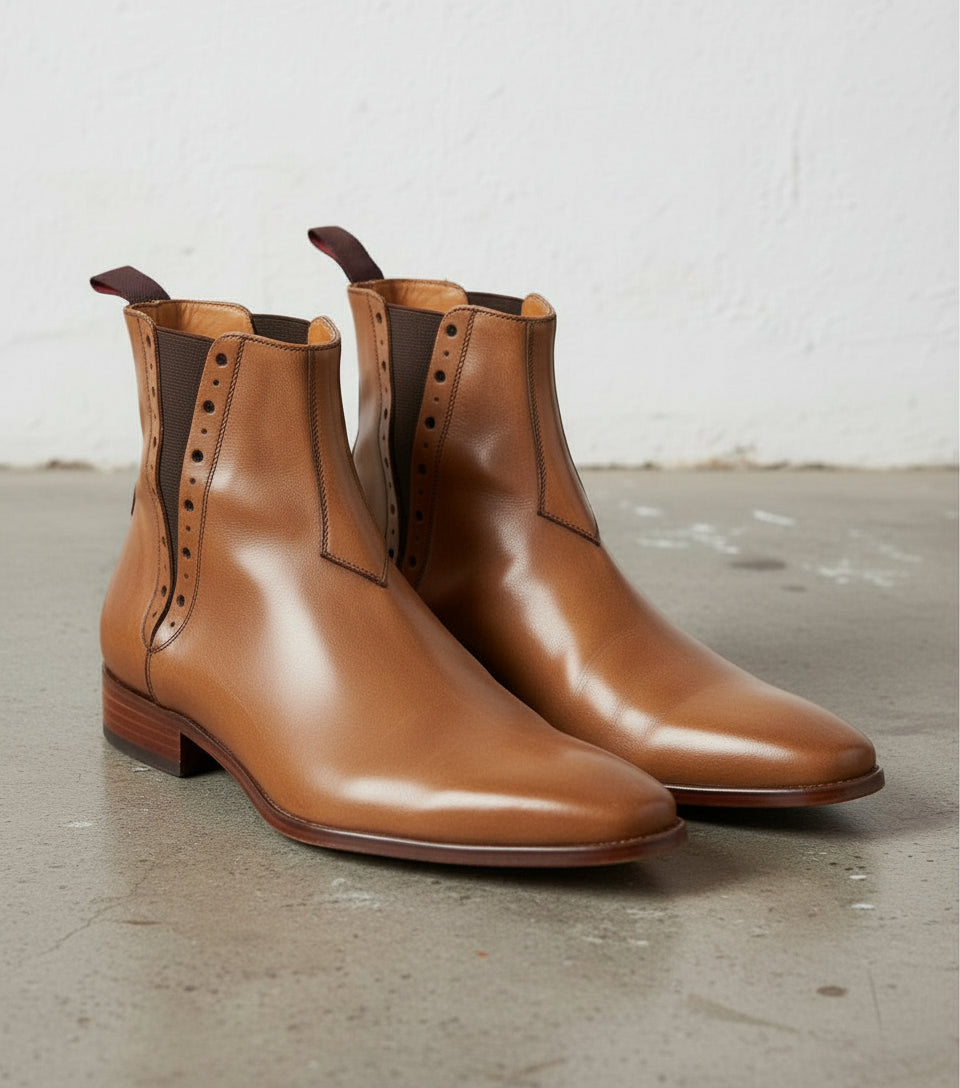 Handmade Men Tan Color Chelsea Brogue Ankle Boots, Ankle Leather Boots