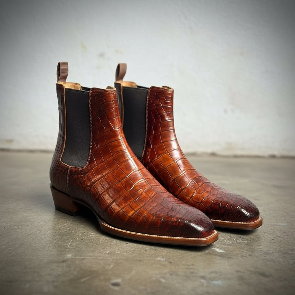 Handcrafted Men's Brown Chelsea Boots with Crocodile Pattern