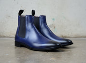 Men's Navy Blue Handmade Leather Ankle Chelsea Boots