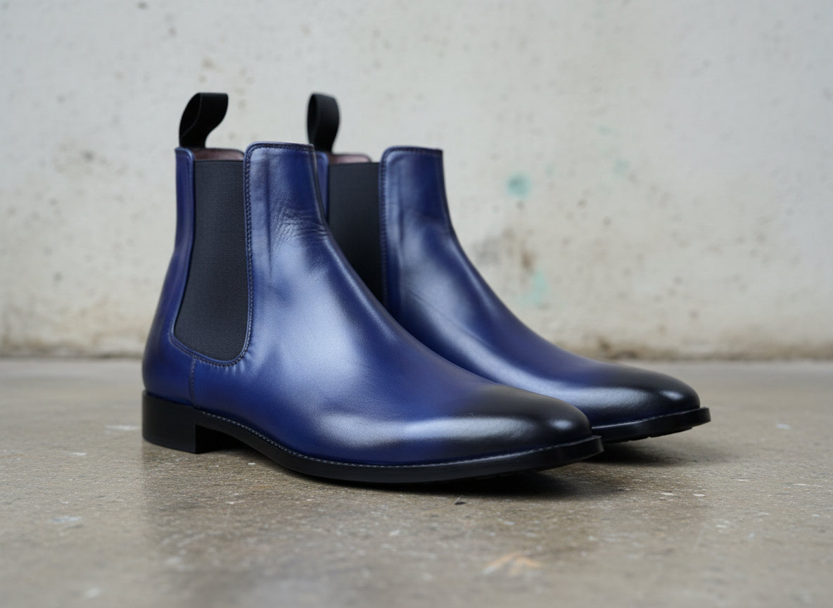 Men's Navy Blue Handmade Leather Ankle Chelsea Boots