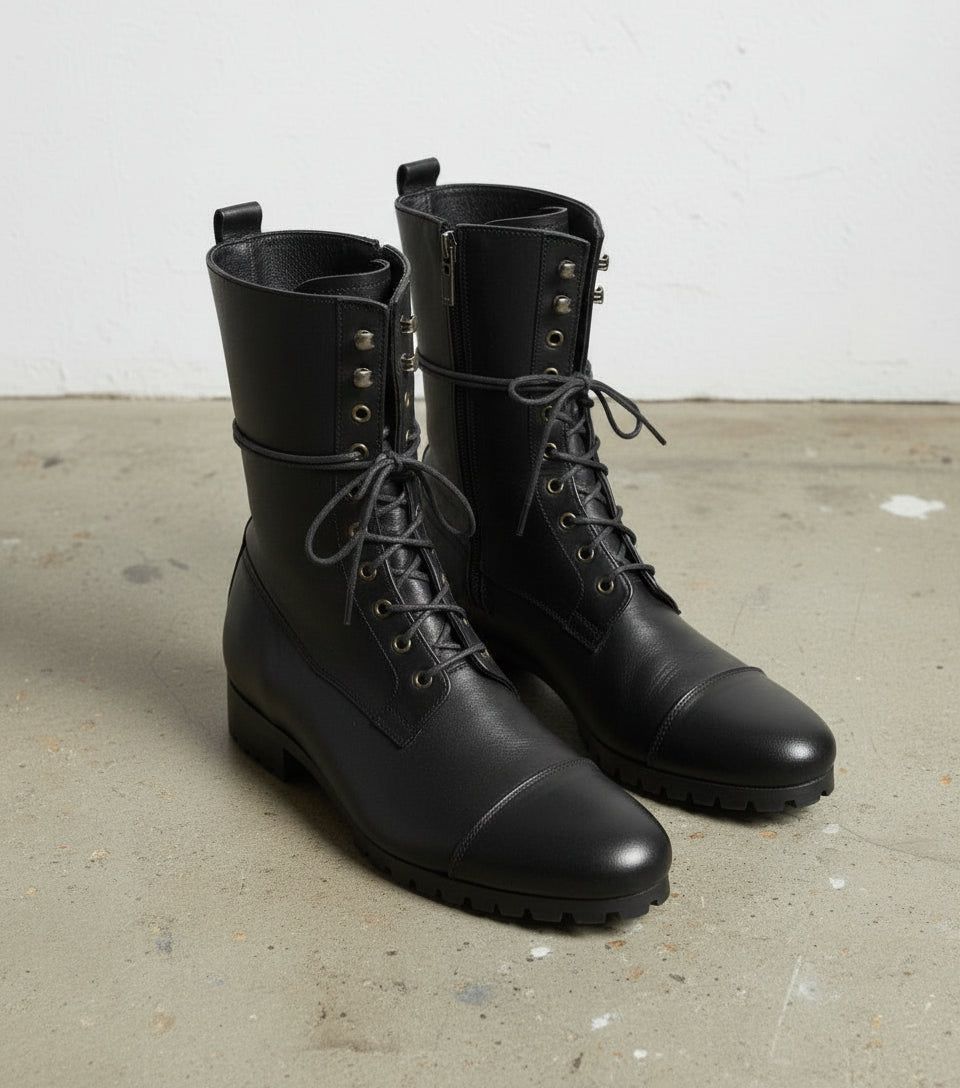 Handcrafted Men's Black Knee High Military Boots