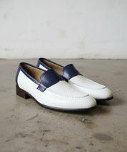 Men Two Tone Formal Shoes, White and Blue Leather Moccasins Loafer