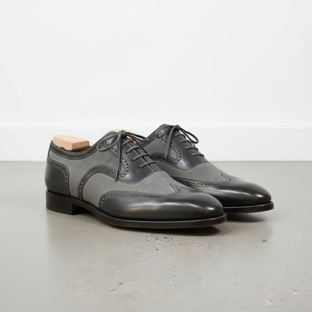 Handmade Two Tone Wingtip Formal Shoes - Men's Gray and Black Two Tone Shoes