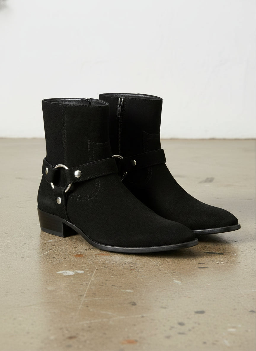 Handmade Men's Black Suede Biker Boot, Men's Suede Leather Ankle Boot