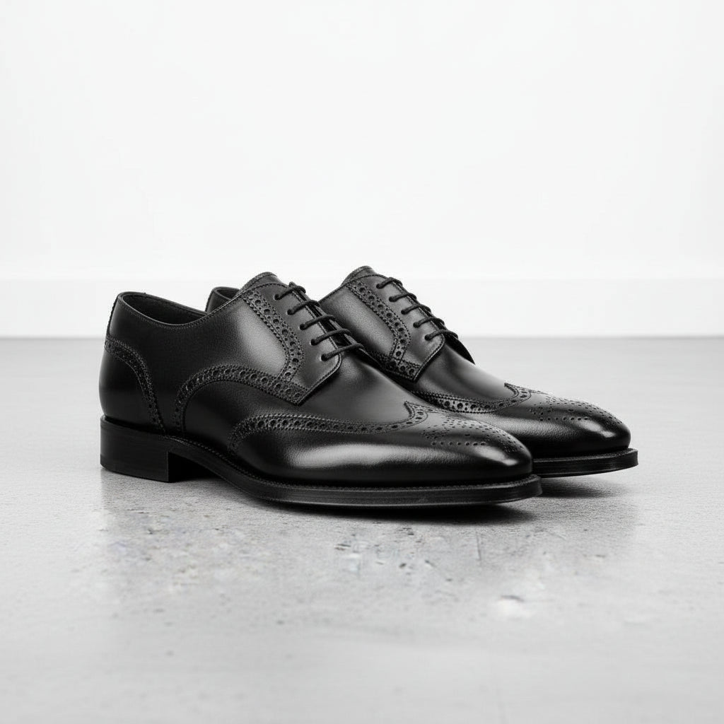 Handcrafted Men's Wingtip Brogue Formal Shoes in Black Leather