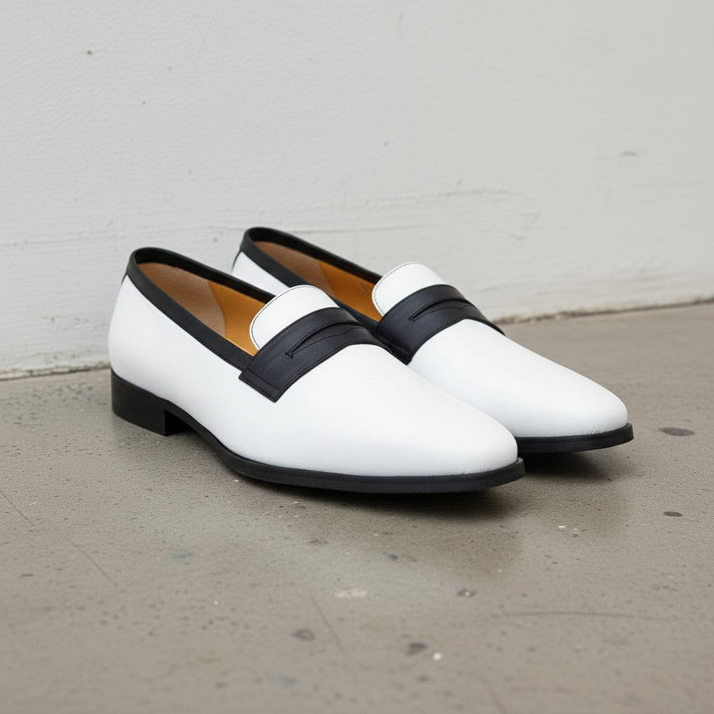 Men's Black and White Two-Tone Leather Penny Loafers — Laxton