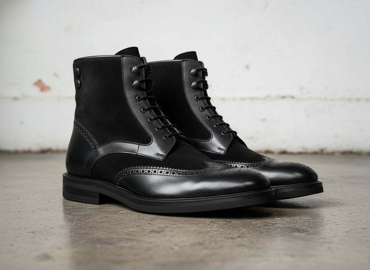 Men's Wing Tip Black Ankle Boots - Two-Tone Classic Design