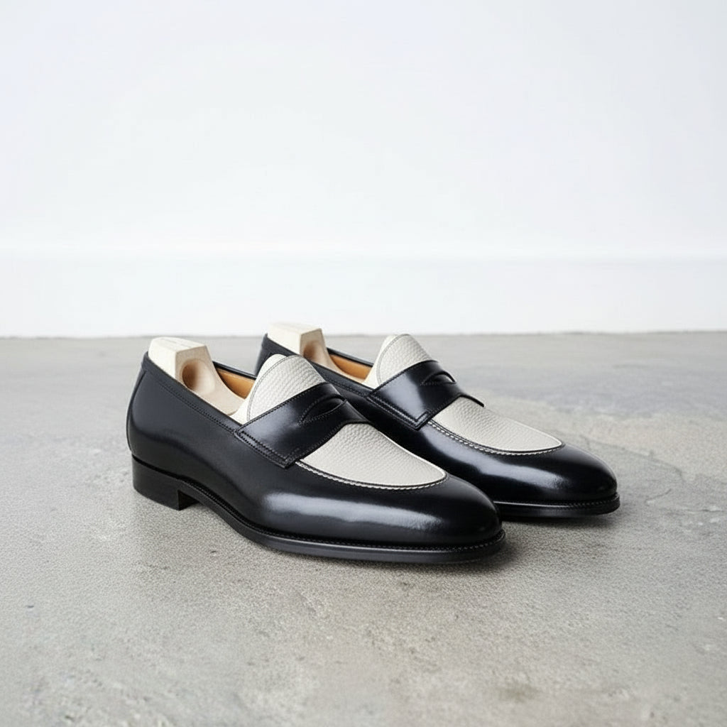 black and cream dress shoes New Handmade Men's Black Grain Leather Cream Cross Slip on Classic Dress Shoes