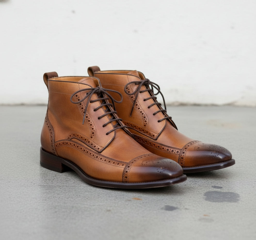 Handmade Tan Brown Wing Tip Brogue Ankle Boots