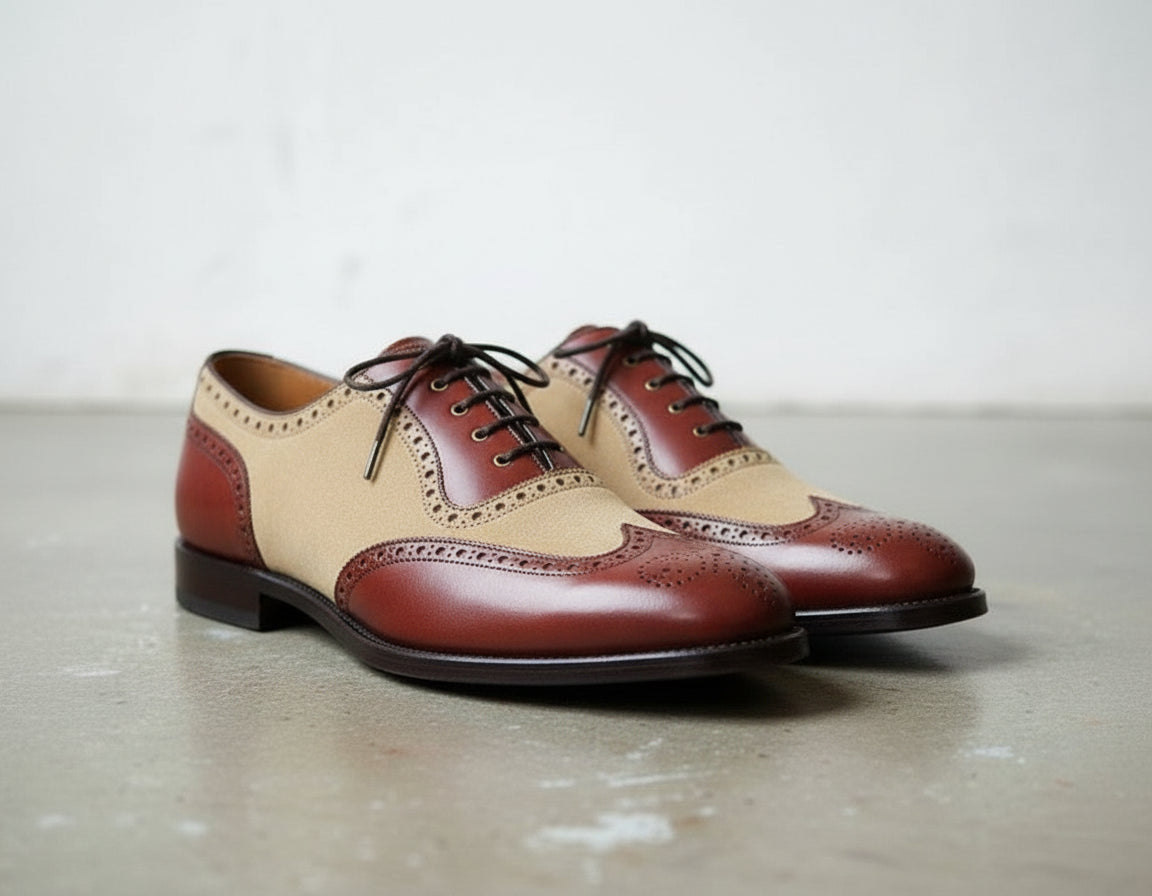 Handmade Men Brown Leather Formal Shoes, Wing Tip Two Tone Dress Shoes