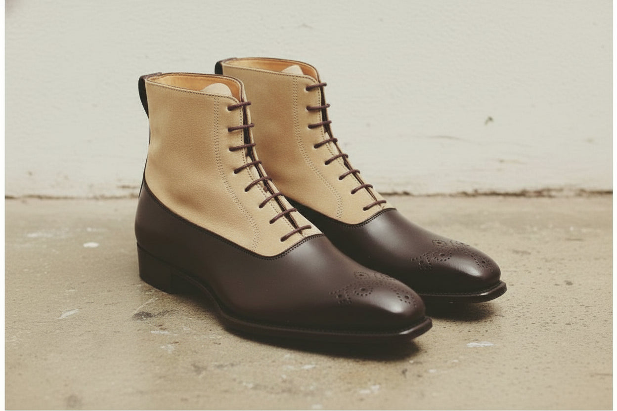 Handmade Men Two Tone Ankle Boots, Brown and Beige Suede Lace Up Boots