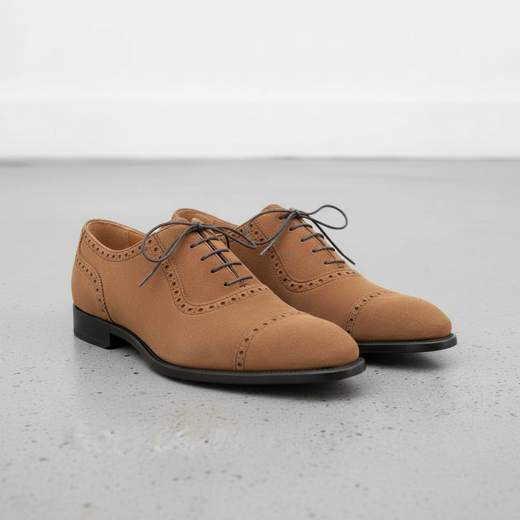 Men's Tan Cap-Toe Suede Brogue Oxfords — Mowbray